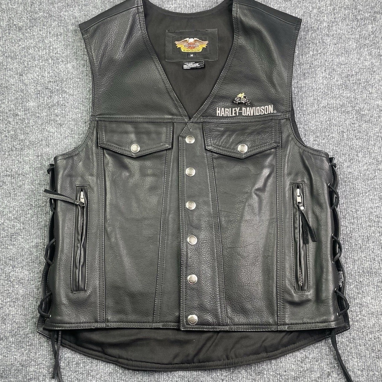 Harley Davidson Leather Vest Mens Medium Black Eagle Back Patch Side Lace Up
